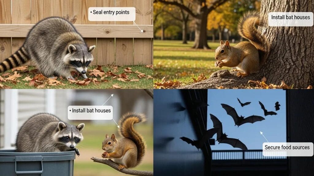 Common wildlife species in Lansing: raccoons, squirrels, and bats in natural settings