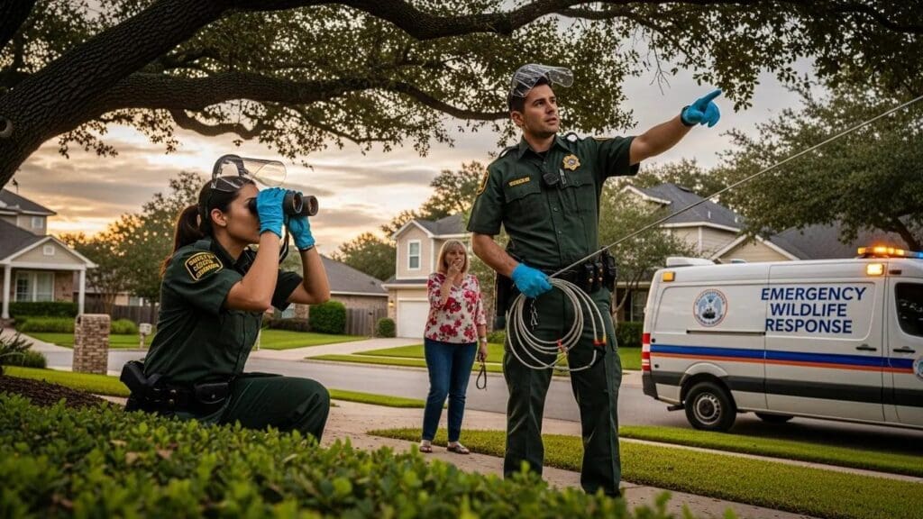 Emergency wildlife control team responding to a situation in a residential area