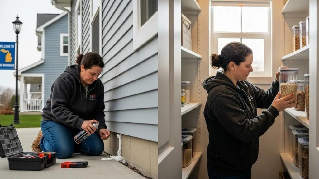 Homeowner sealing entry points to prevent rodent infestations in a Mid-Michigan home