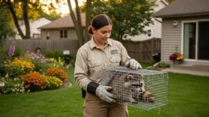 Humane animal removal professional handling a raccoon in a trap in a suburban garden