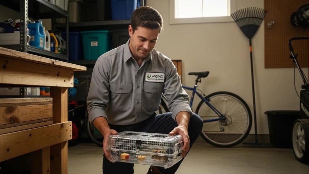 Humane pest control professional using a live trap in a Greater Lansing home