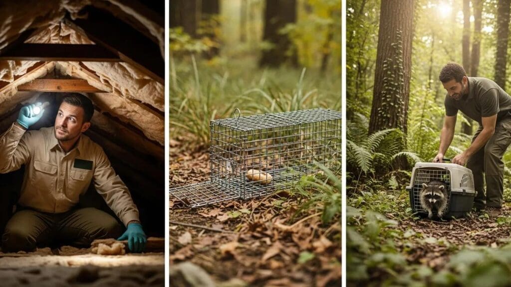 Wildlife control methods including property inspection, humane trapping, and safe animal relocation