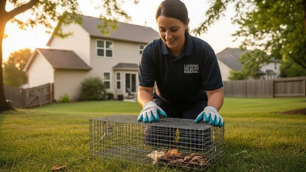 Wildlife removal expert using humane trapping methods in a Lansing home