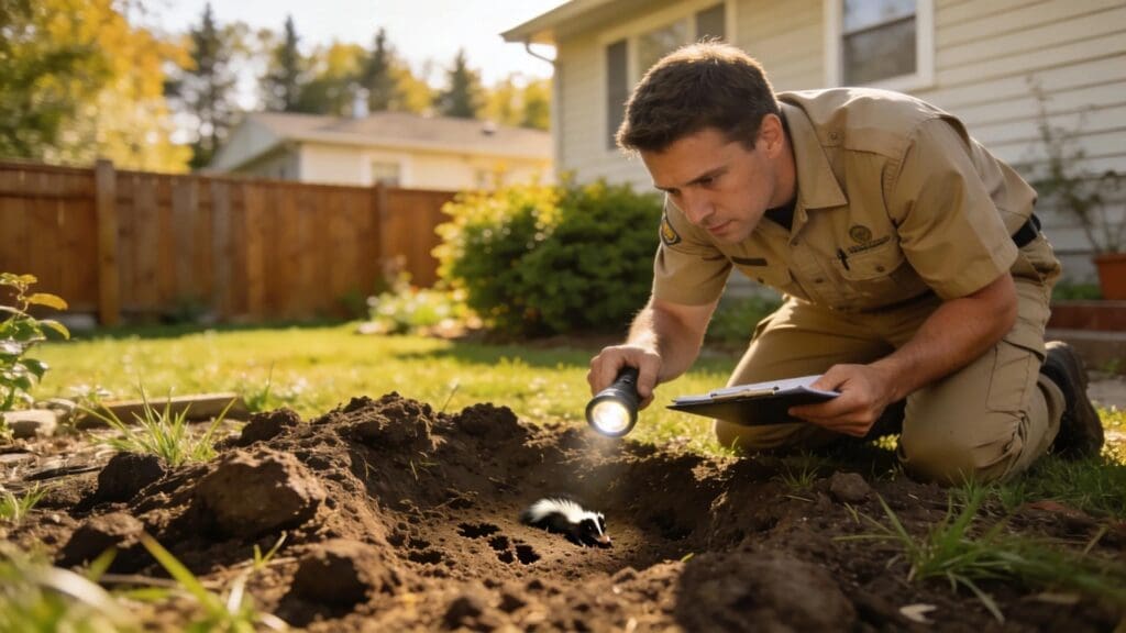 Wildlife control expert inspecting a garden for skunk activity, highlighting local expertise in Mason, MI