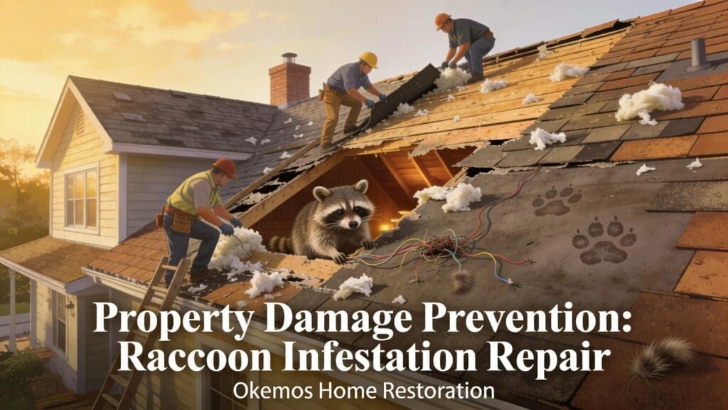 Visual of raccoon damage to roof and insulation in a home in Okemos, MI