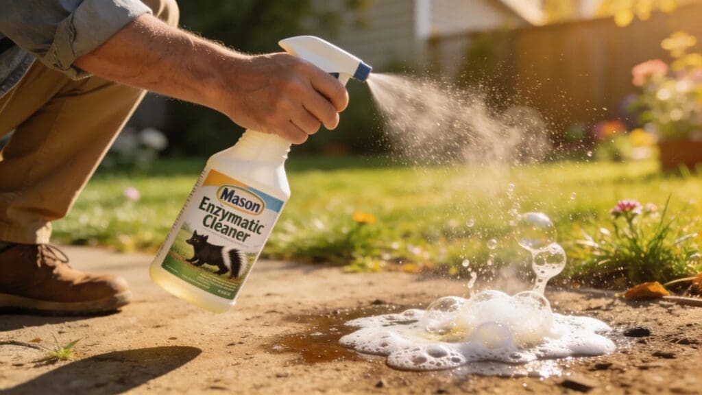 Homeowner using enzymatic cleaner for skunk odor management in a backyard, emphasizing effective cleaning techniques