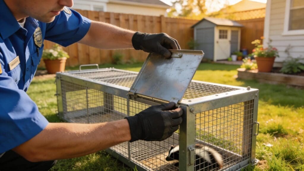 Humane skunk removal and trapping setup in a residential area, showcasing wildlife control expertise