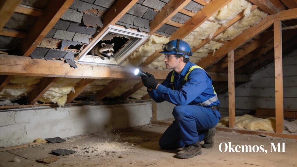 Pest control technician inspecting attic for raccoon entry points in Okemos, MI