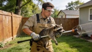 Humane raccoon removal technician handling a raccoon safely in Okemos, MI